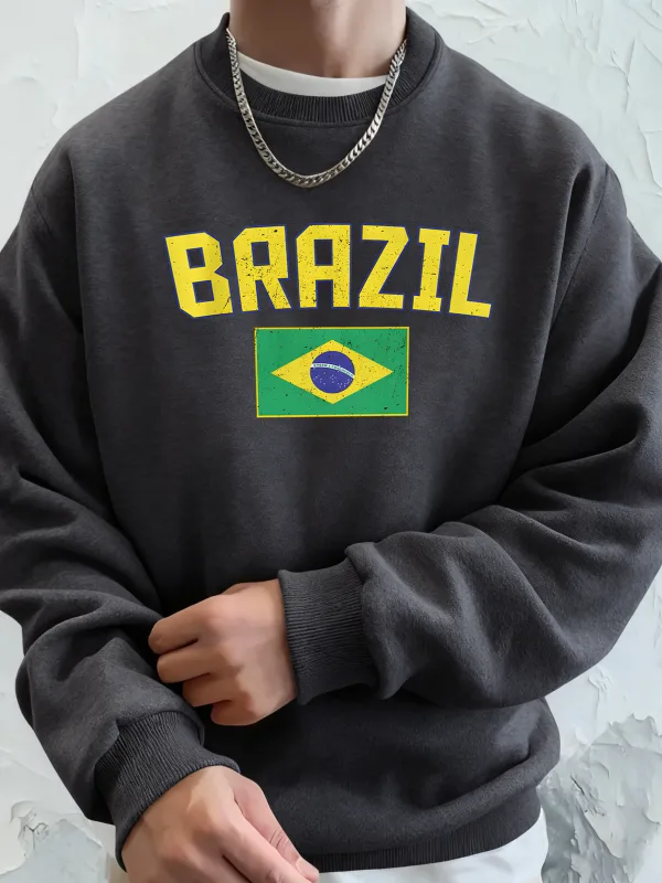 Brazil Letter And Flag Prints Man'S Pocket Streetwear Street Basic Hoody Crewneck Sport Sweatshirts Fleece Trendy Pullovers