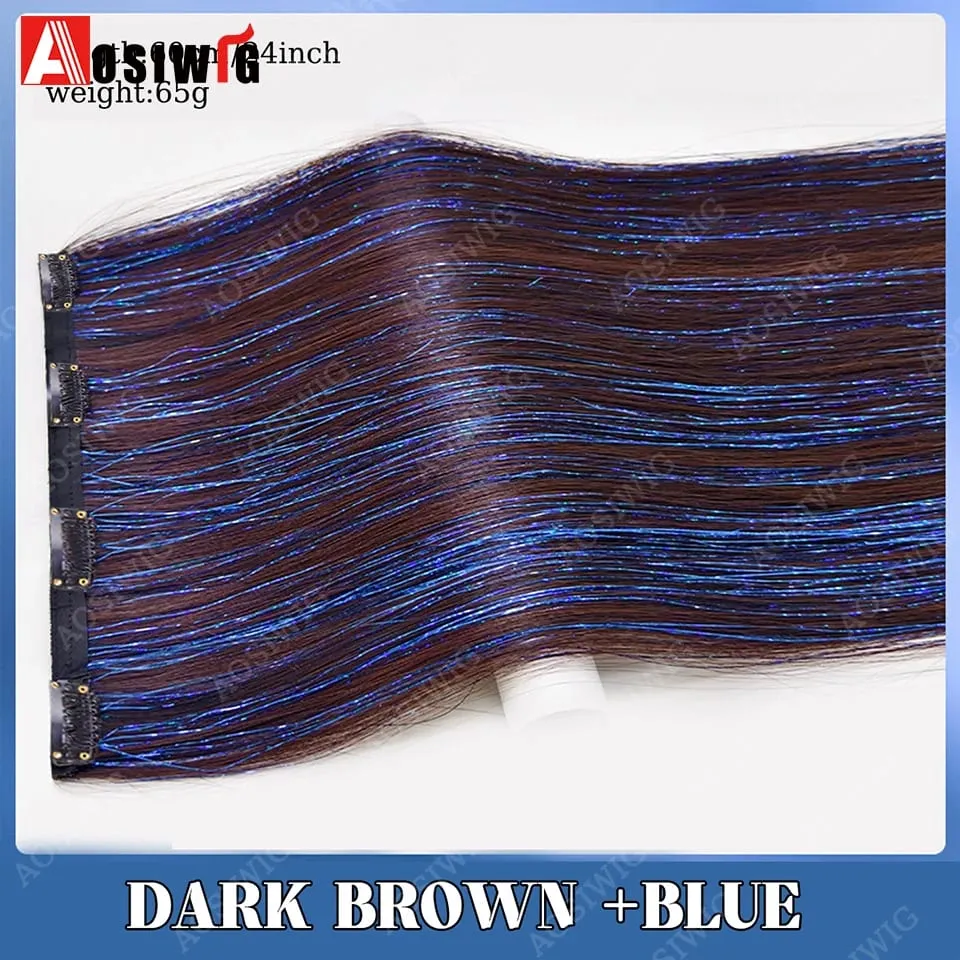 Blue Glitter Tinsel Clip in Hair Extensions One Piece Straight Synthetic Hairpiece with Sparkle Strands for Women Party Daily