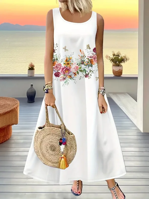 Vintage Floral Printed Women Sleeveless Sundress Summer Loose Casual Beach Long Dress Ladies Bohemia Maxi Dresses Party Vestidos