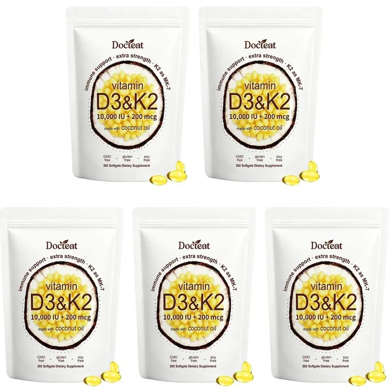 Docteat Vitamin D3 & K2 Softgels with Immune Support and Bone Health Coconut Oil GMO Free Gluten Free Soy Free 300 Softgels