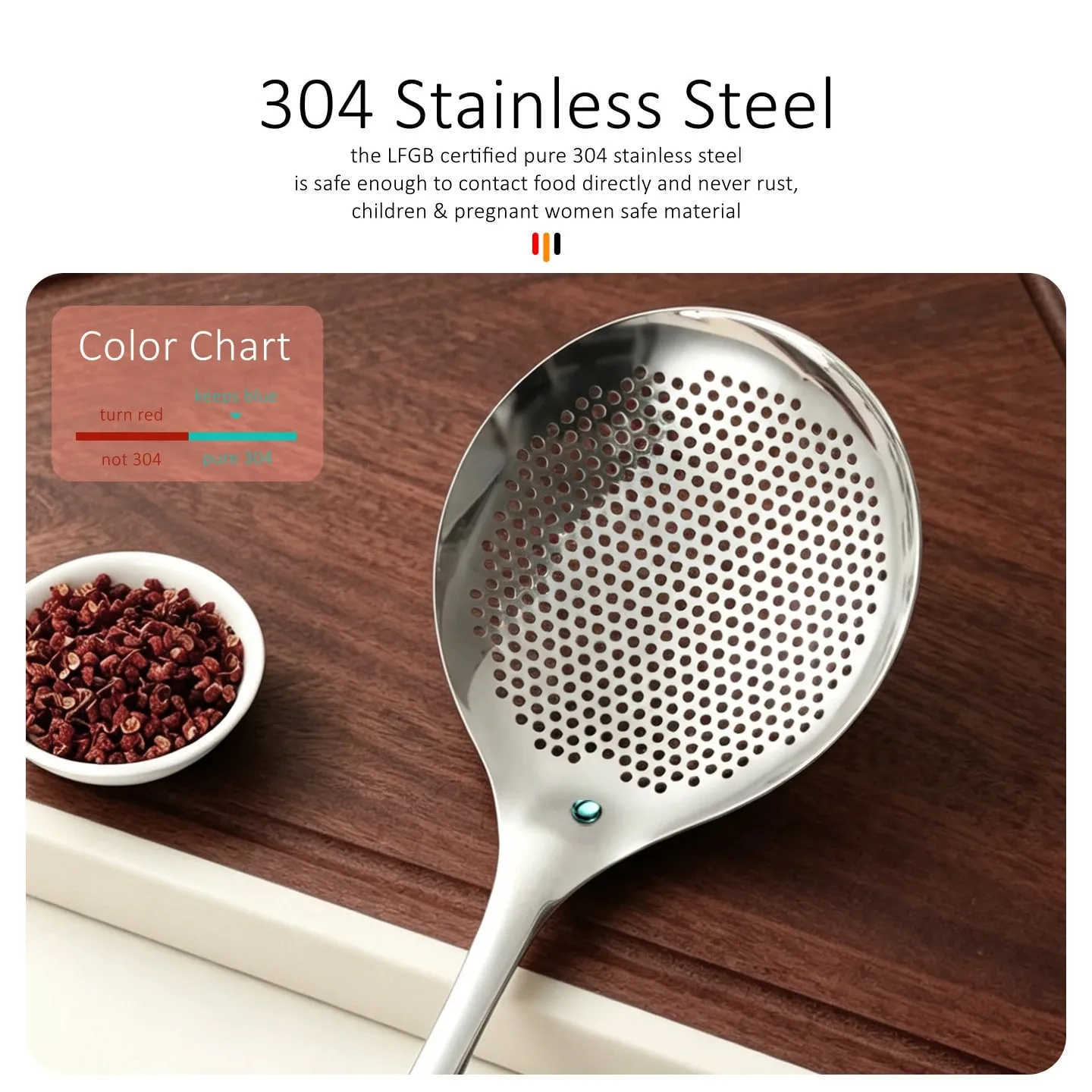 12.5cm Width 33cm Length Cooking Sieve Ultra Thick Pure 304 Stainless Steel Frying Colander Noodle Strainer with Fine Meshes — image 2