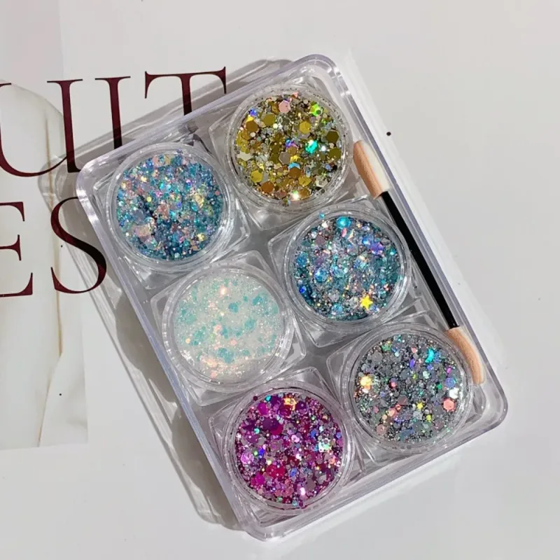 6Pcs/Set Sparkly Colorful Eye Glitter Gel Festival Glitter Face Hair Sequin Gel Cream Heart Star Moon Sequins