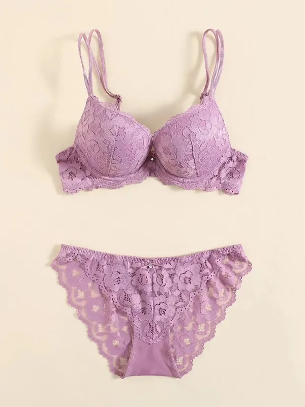 1 Set Elegant Lace Embroidery & Breathable Fabric Lingerie Set: Push-Up Bra Drop Waist Sheer Panty - Ultimate Valentine's Day