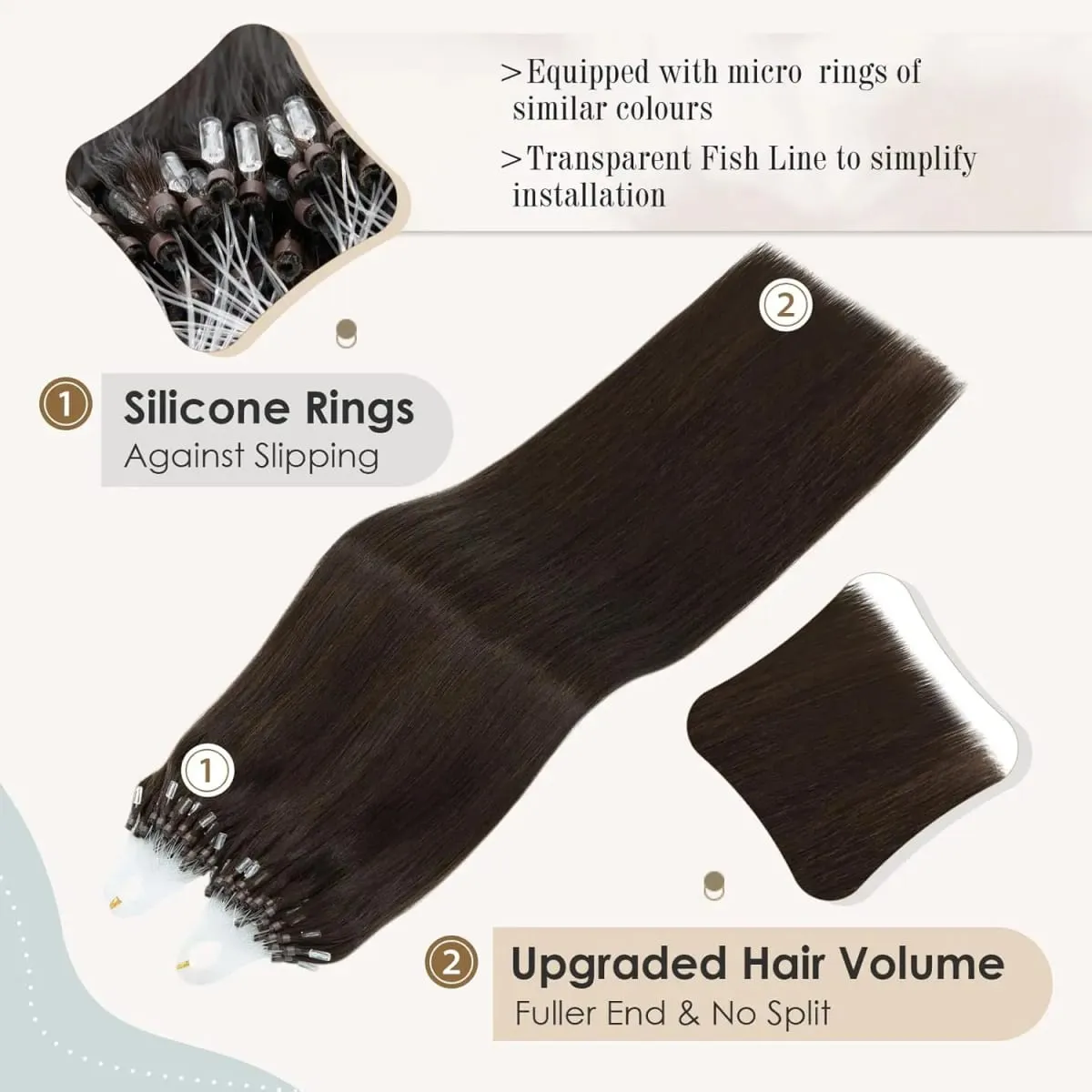 Micro Loop Human Hair Extensions - 50 Strands Thick Straight Clip-In Hair for Instant Volume & Length