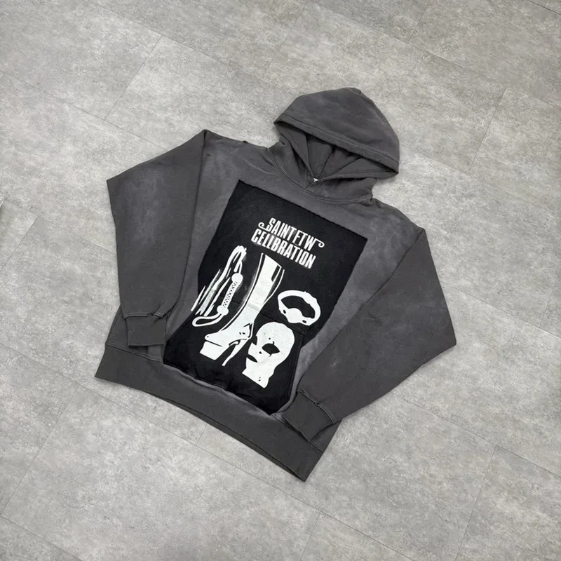 25FW Washed Grey SAINT Hoodies Men Woman Oversize Streetwear Damaged Hooded Pullovers Graphic Print Sweatshirts