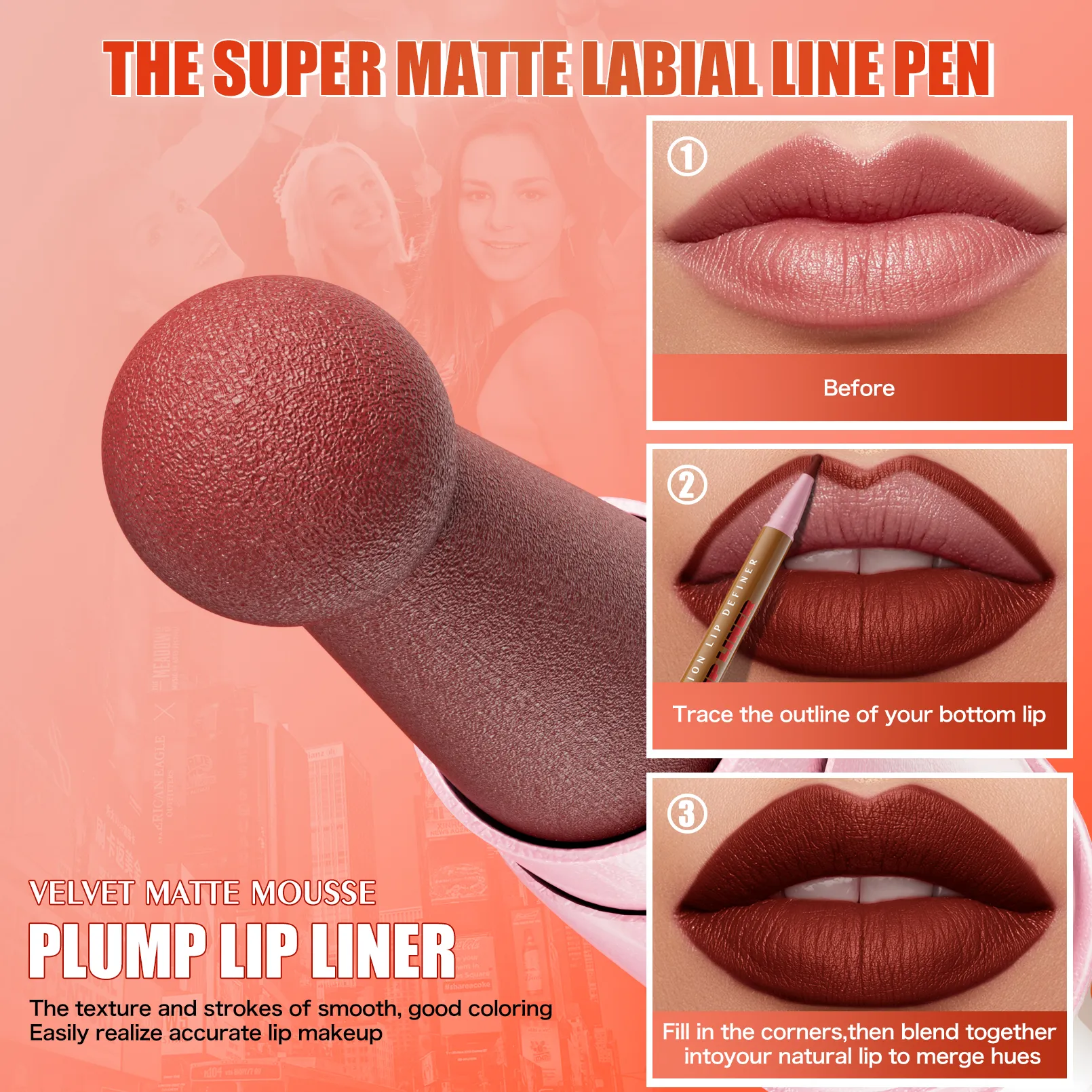 Longwear Liquid Lip Liner Waterproof 24 Hour Long Lasting Lip Liner Stain Marker Pen 2-in-1 Matte Semi Permanent Lipliner
