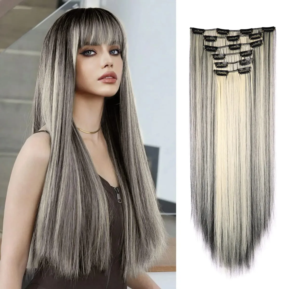 Synthetic Clip in Hair Extensions Clip in 6pcs set Straight Hair 22inch Thick Hairpieces for Women Girls Daily Party