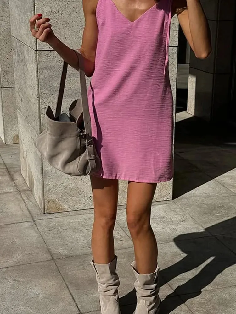 Ahagaga moda feminina vestidos sólidos cintas bandagem regular causal com decote em v sem mangas verão camisola solta doce femlae vestido — image 3