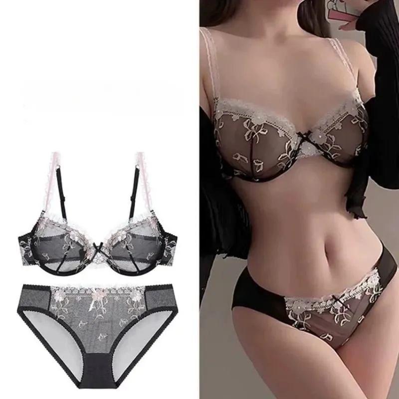 Women White French Lace Underwear Set Floral Embroidery Mesh Push‑Up Bra Kit Plus Size Soft Comfort Intimate Outfit