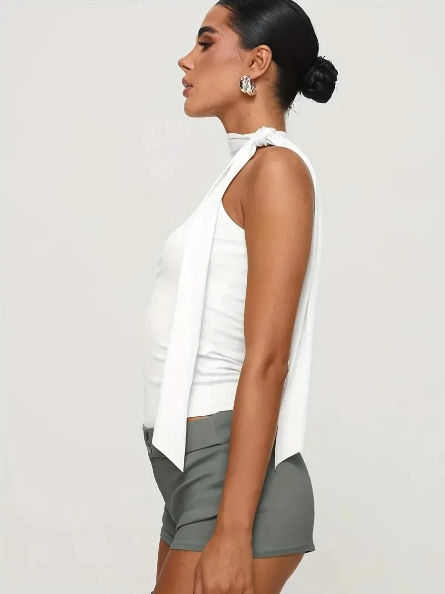 Women Solid Color Halter Neck Tie Detail Sleeveless Top Summer Casual Y2K Street Style Slim fit Crop Top