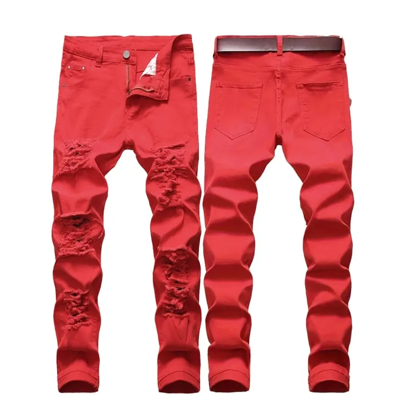 New Men Ripped Jeans Red Hip Hop Holes Slim Denim Pants Punk Streetwear Versatile Stretch Wash Solid Casual Slim Pencil Trousers