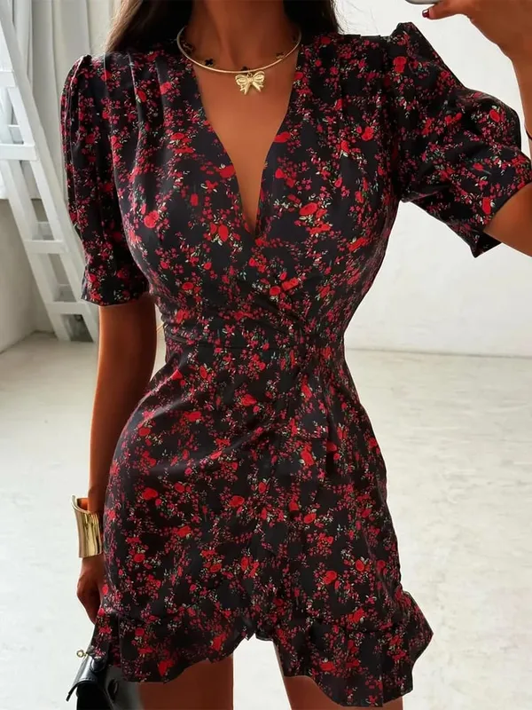 Women Chic Floral Print Bodycon Dress Holiday v-neck Pleated Patchwork Flared Sleeve Ruffle 2026 Summer Casual Latest Vestidos — image 7