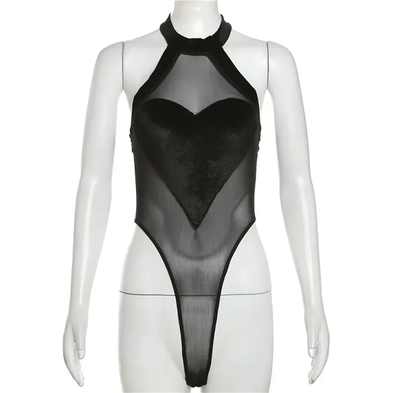 QQ Sexy Y2k Love Patchwork Slim Streetwear Jumpsuits Bodysuits Goth Mesh Velvet Sleeveless Halter Backless Bodycon Women Heart