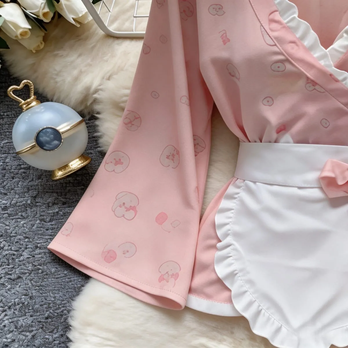 Sexy Dress Bunny Print Kimono Temptation Sexy Long Sleeve Slim Fit Bowknot Dress Sweet Cute Pure Desire Charming Elegant