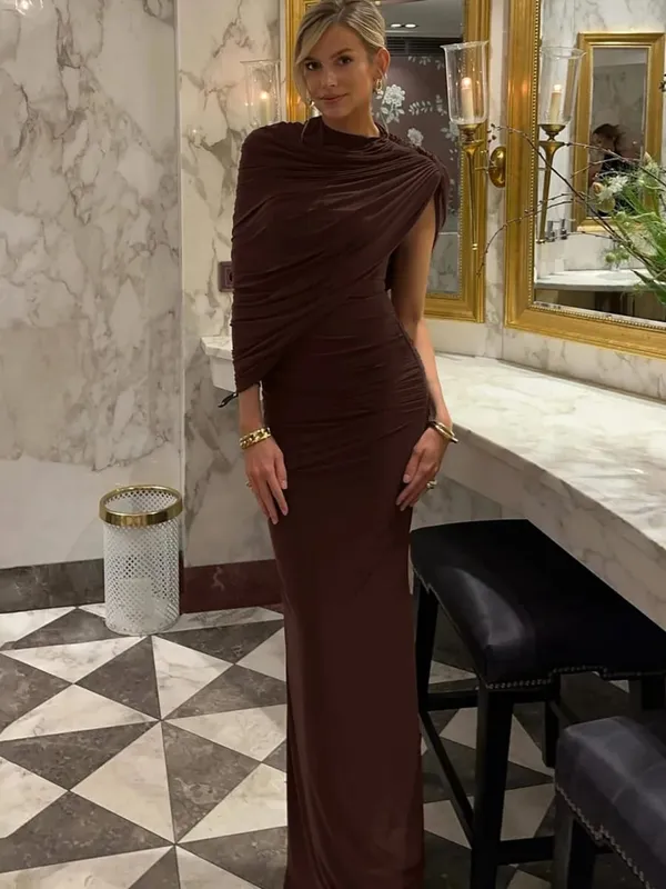 Hugcitar Women Fashion Turleneck Solid Short Sleeve Irregular Sexy Ruched Maxi Prom Dress Summer Clothes Evening Party Birthday