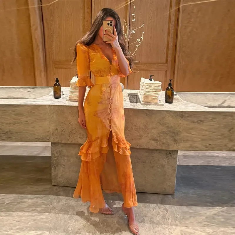 Sexy Print Women Long Dress Urban V-neck Single Breasted Ruffles Half Sleeve Female Dresses 2026 Spring Autumn Lady Robe — image 7