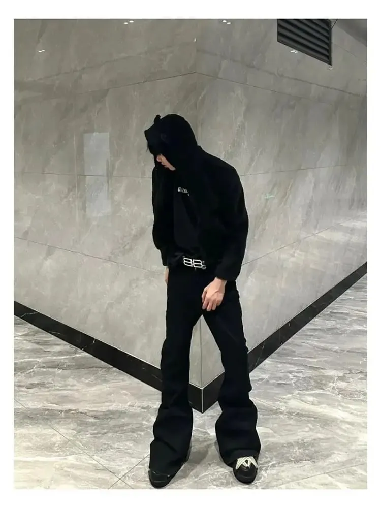 High Street RO Style Denim Pants Men's 24SS Basic Elastic Black Ribbon Loose Flared Streetwear Casual Jeans Pants Men Clothing