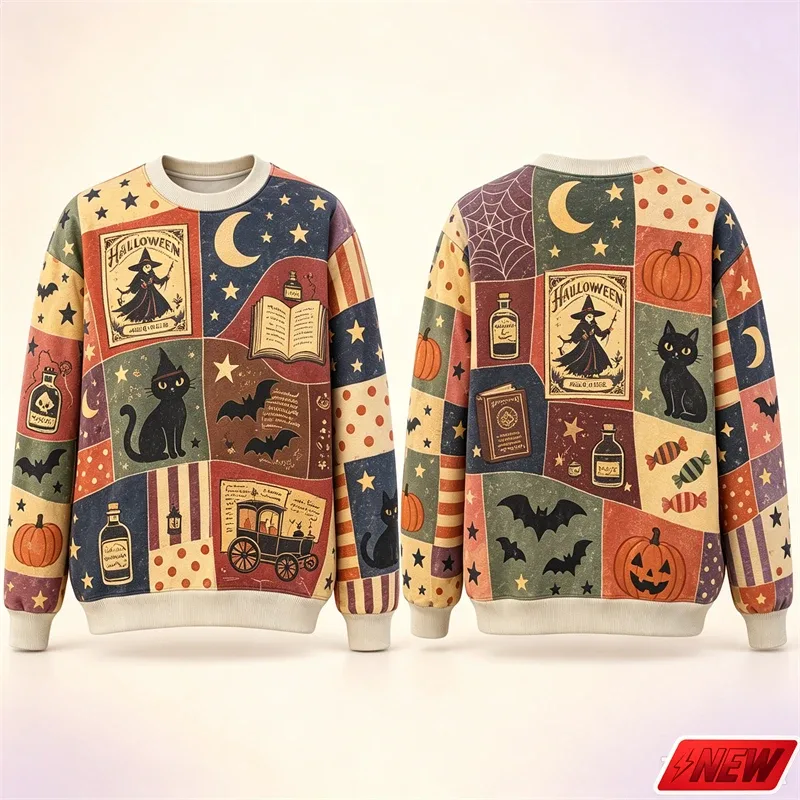 Halloween Splicing Patterns Sweatshirt Men 3D Print Pumpkin Cat Long Sleeve Pullover Hoodie Quick Dry Holiday Costume Top Unisex