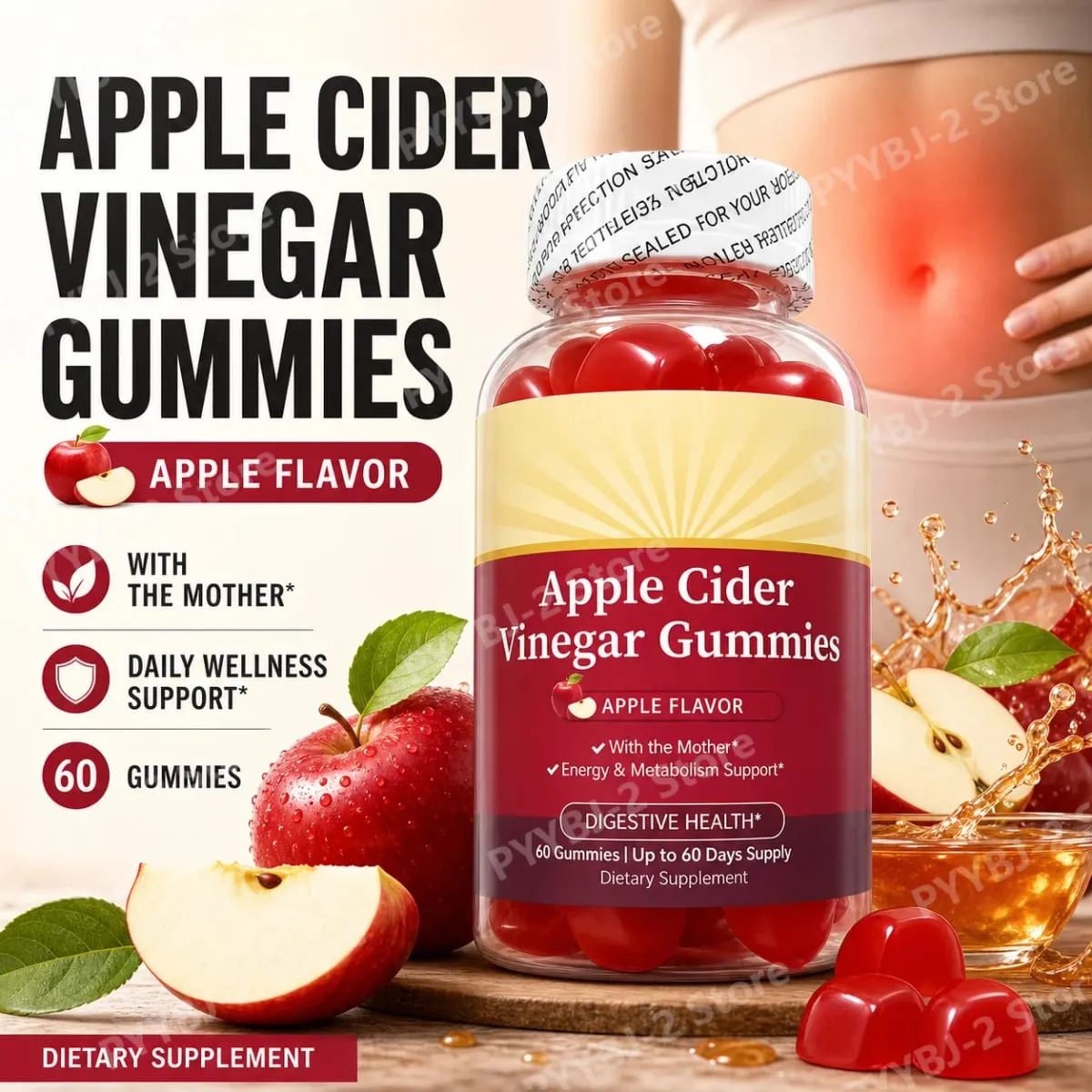 Apple Cider Vinegar Gummies with Vitamin B6 B12 & Folate Metabolism & Energy Gut Health Support 60 Gummies — image 2