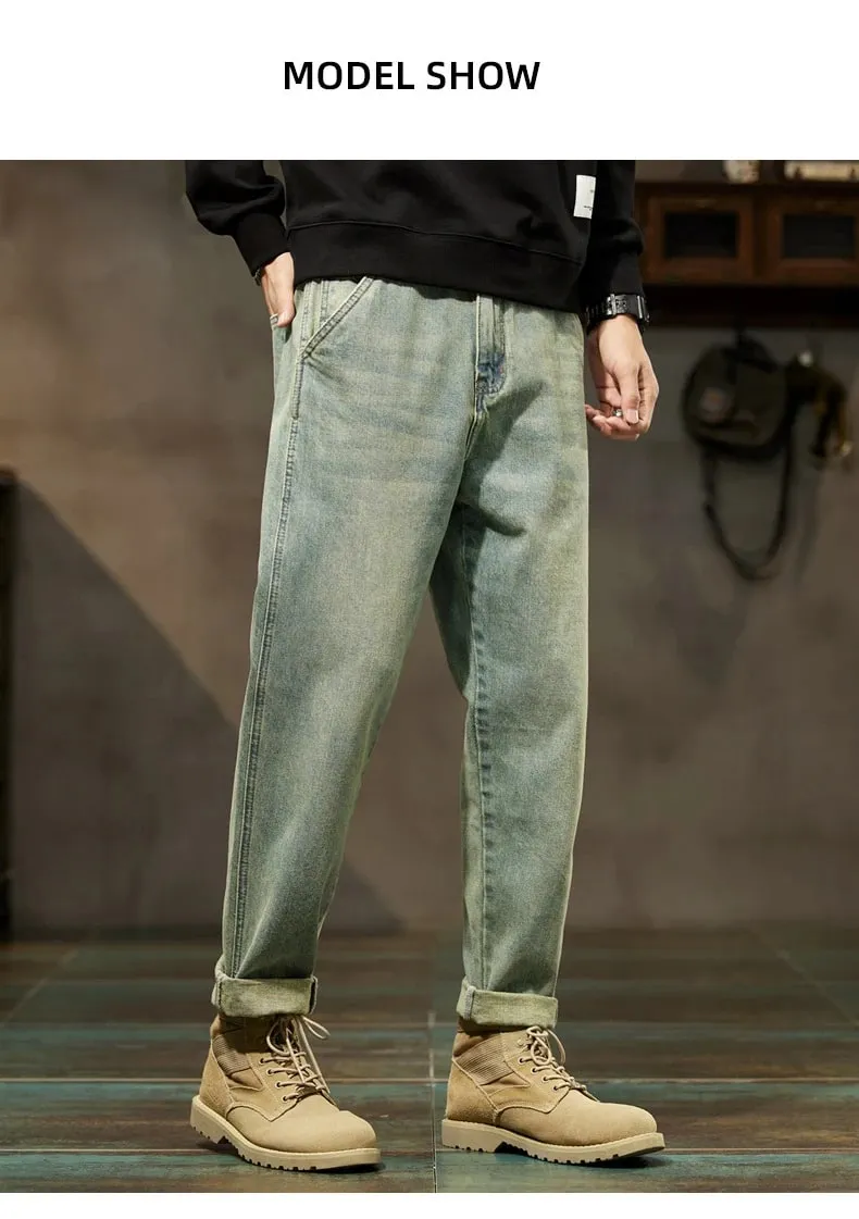 Men's Spring 2026 Loose Harem Pants Denim Retro Solid Comfortable Harajuku Straight Jeans Simple Fashion Versatile Cargo Trouser