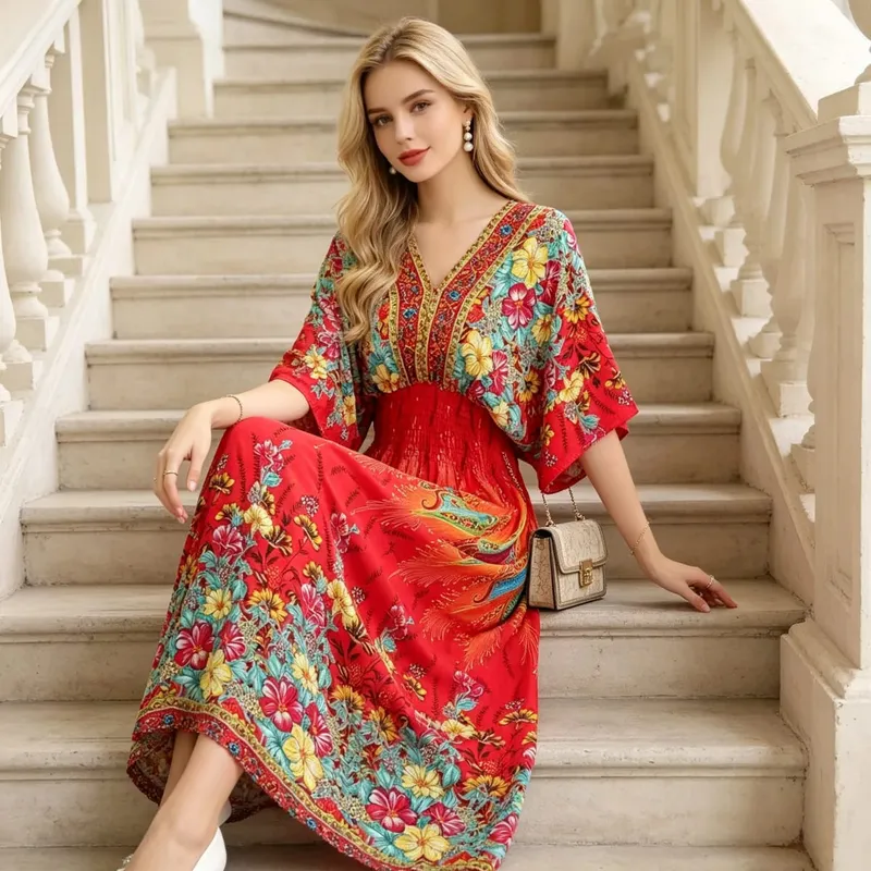 Boho Holiday Women V-Neck Batswing Short Sleeve A-Line Midi Dresses Slim Elastic Waist Casual Vintage Office Lady Elegance Dress