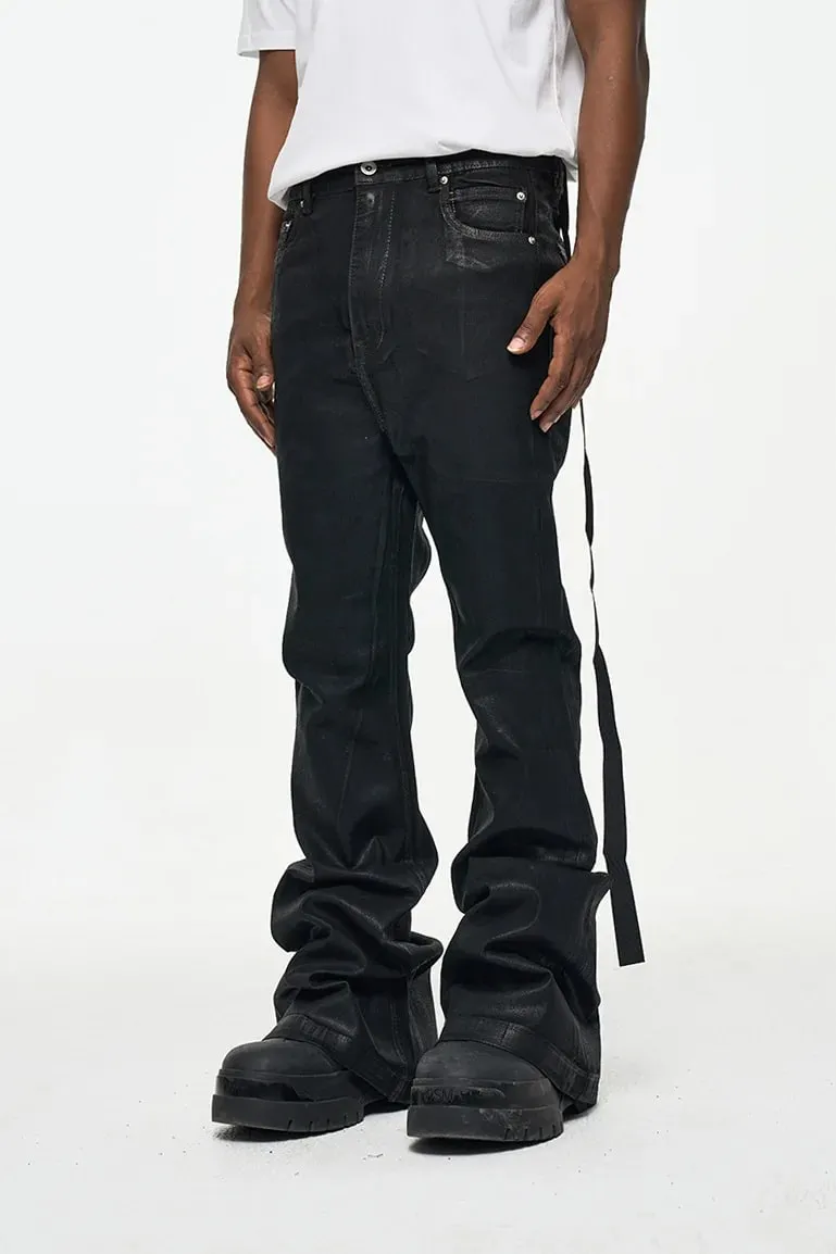 2026 High Street Coated Brushed Micro-flared Floor-length Jeans for Men Retro Street Wear Loose Micro-elastic Waxed Pants