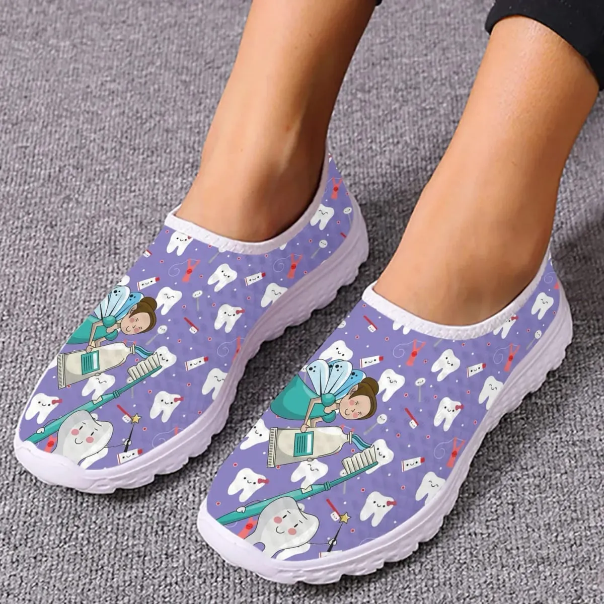 Dentist Shoes Women's Flats Cartoon Dental Nurse Print Breath Mesh Comfort Sneakers For Ladies Girls Summer Loafers — image 3