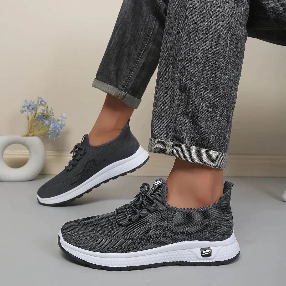 Minimal Solid Hue Men Mesh Lace-Up Footwear Fine Hollow Perforated Knit Upper Bump Carved Black Outsole Versatile Trainers — image 6