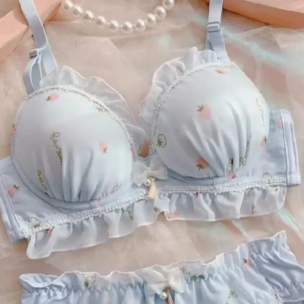 Cute Strawberry Print Wireless Thin Cup Push Up Bra Panty Set Kawaii Japanese Comfort Underwear For Small Chest Daily Wear S-XL