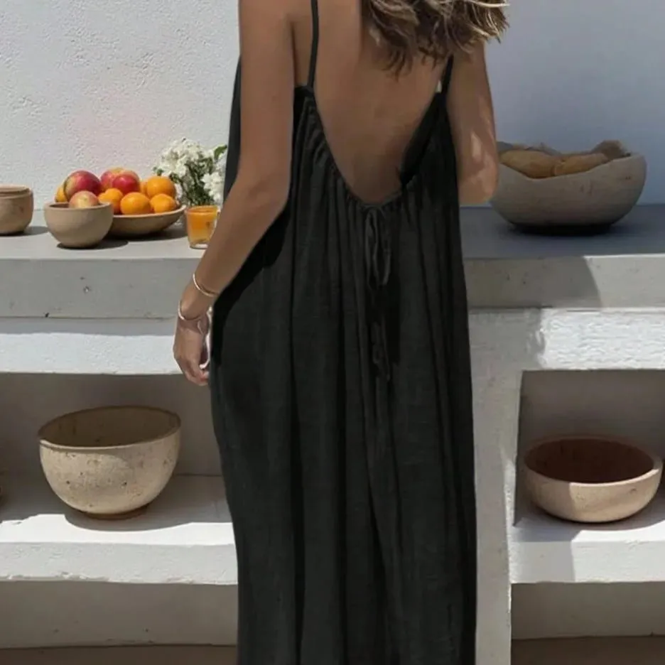 Women's Loose Sundress Sexy Backless Lace Up Slip White Linen Homewear Long Maxi Party Dresses OUFY-20260409001