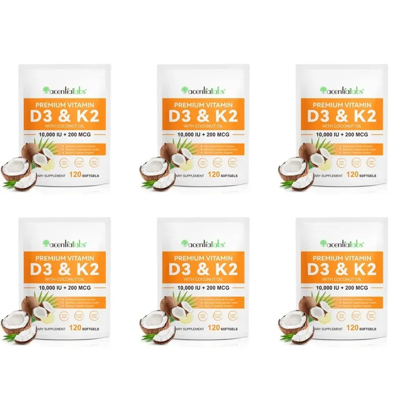 AcentiaLabs Vitamin D3 & K2 Softgels with Coconut Oil Immune Function and Bone Support Gluten Free Non-GMO 120 Softgels