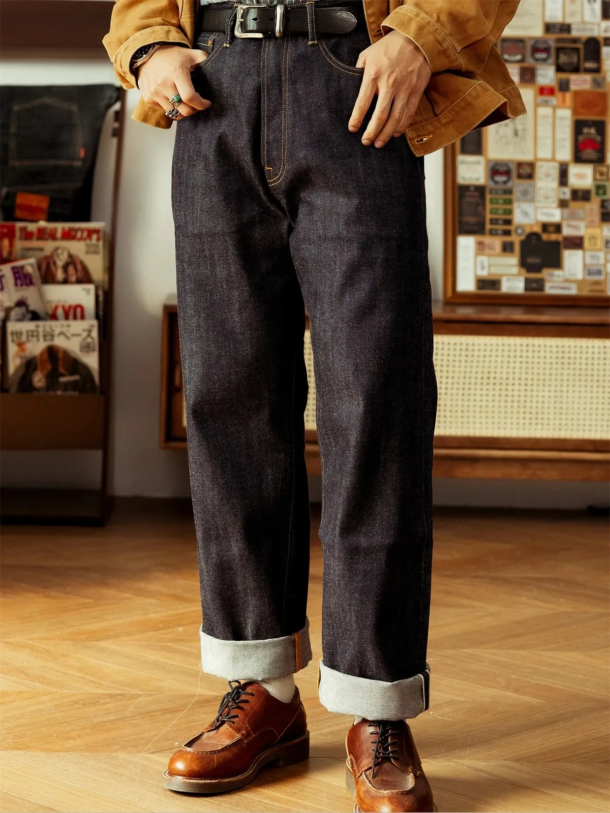 Red Tornado 55501 Raw Selvedge Jeans Loose Straight Leg Button Fly Denim Trousers for Men