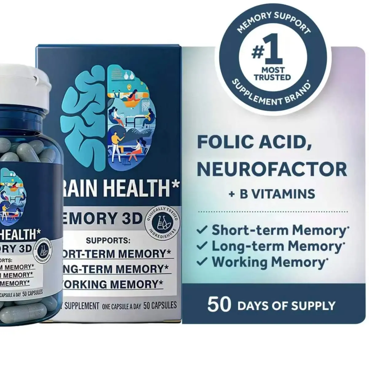 Memory 3D Brain Supplements for Memory and Focus Vitamin B12 & B6 Folic Acid 50 Count Capsules