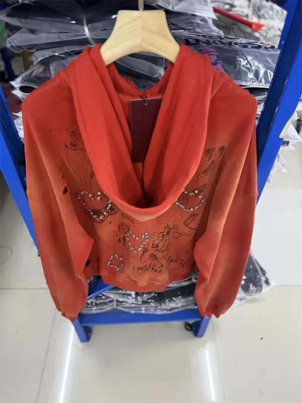 Autumn Winter New PH Hand-beading Print Vintage Washed High Street Casual Loose Cotton Versatile Hoodie Trendy Sports Top Men