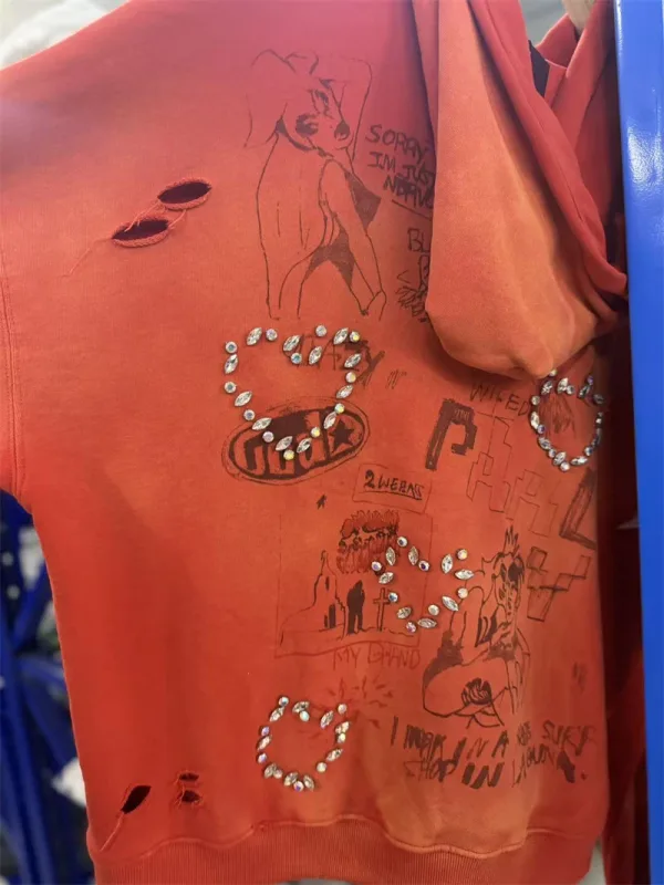Autumn Winter New PH Hand-beading Print Vintage Washed High Street Casual Loose Cotton Versatile Hoodie Trendy Sports Top Men
