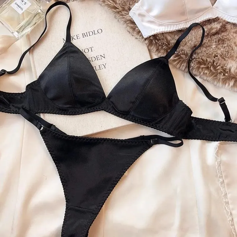French Style Satin Triangle Cup Bra Set Women Sexy Thin Wireless Seamless Lingerie Light Lift Comfort Brassiere Underwear 32-38