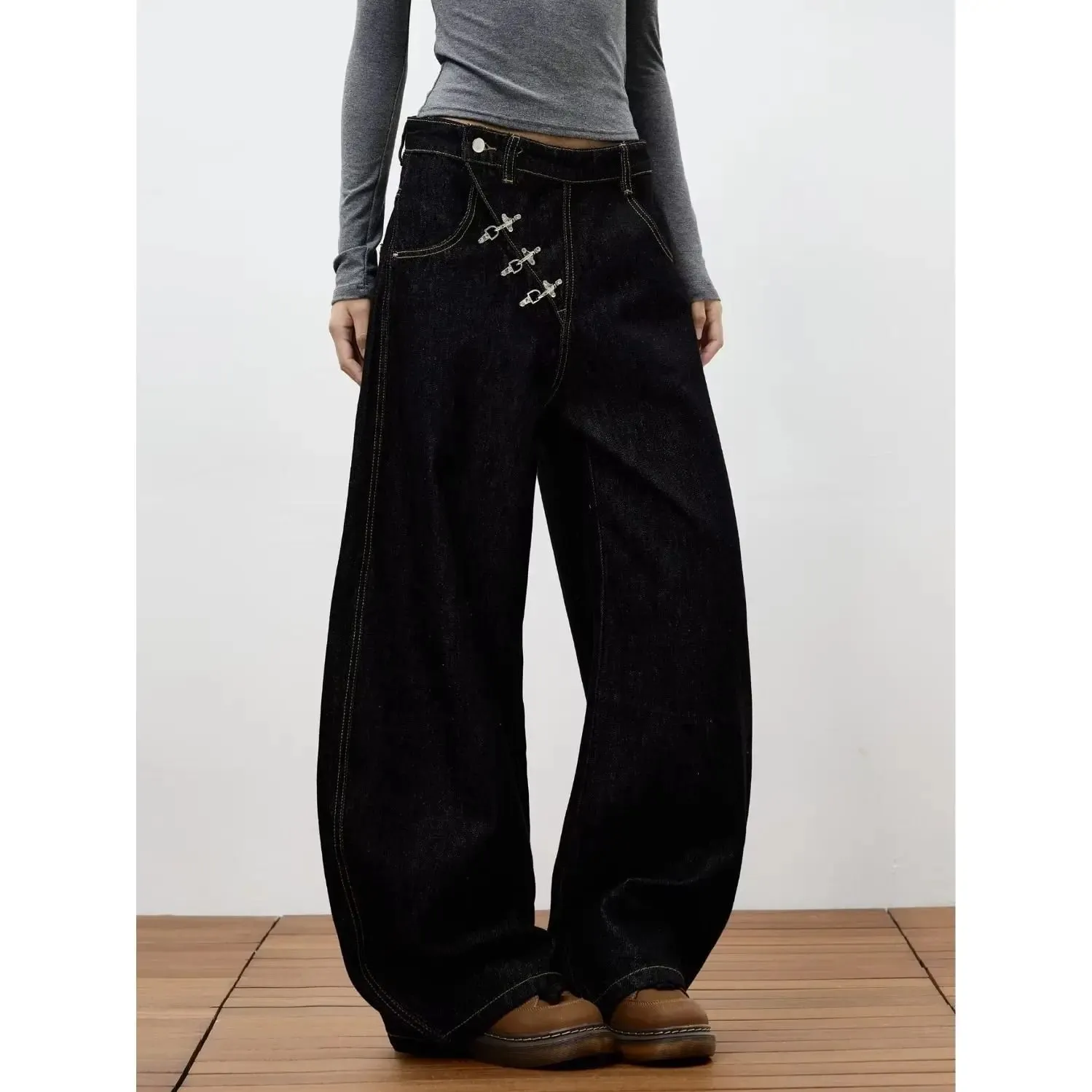 Retro Y2K button-fly loose jeans unisex trendy casual wide-leg jeans high-street loose pants American street style fashion