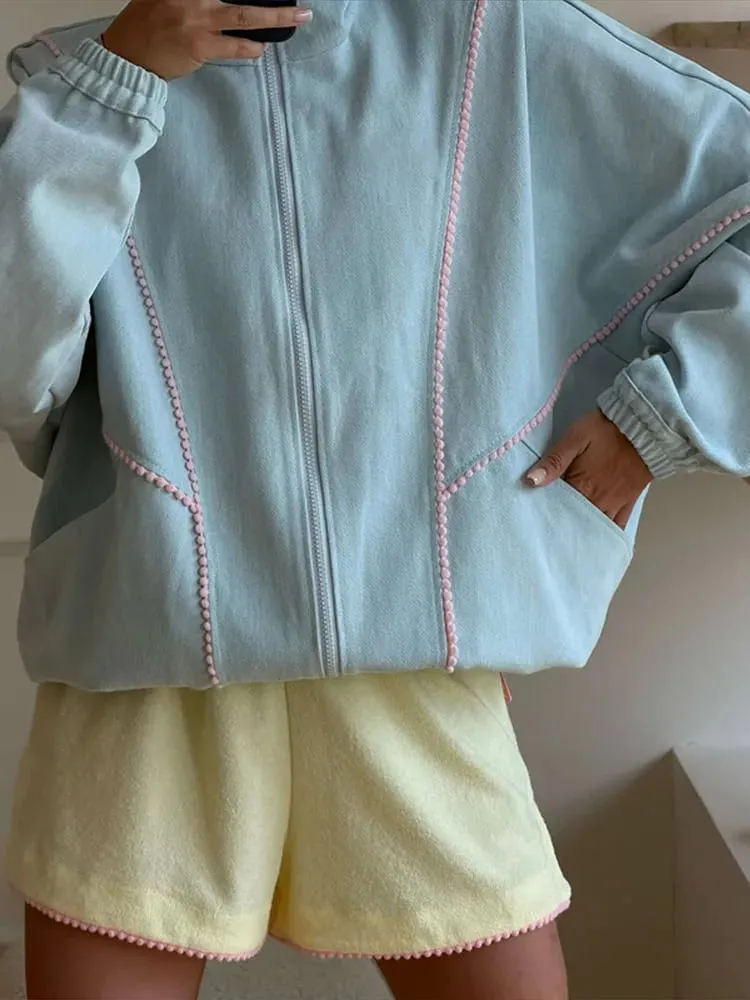 Polka Dot Cropped Windbreaker Jacket Contrast Pink Seam Piping Side Pockets Loose Outerwear 2026 Autumn Street Daily Lady Coat
