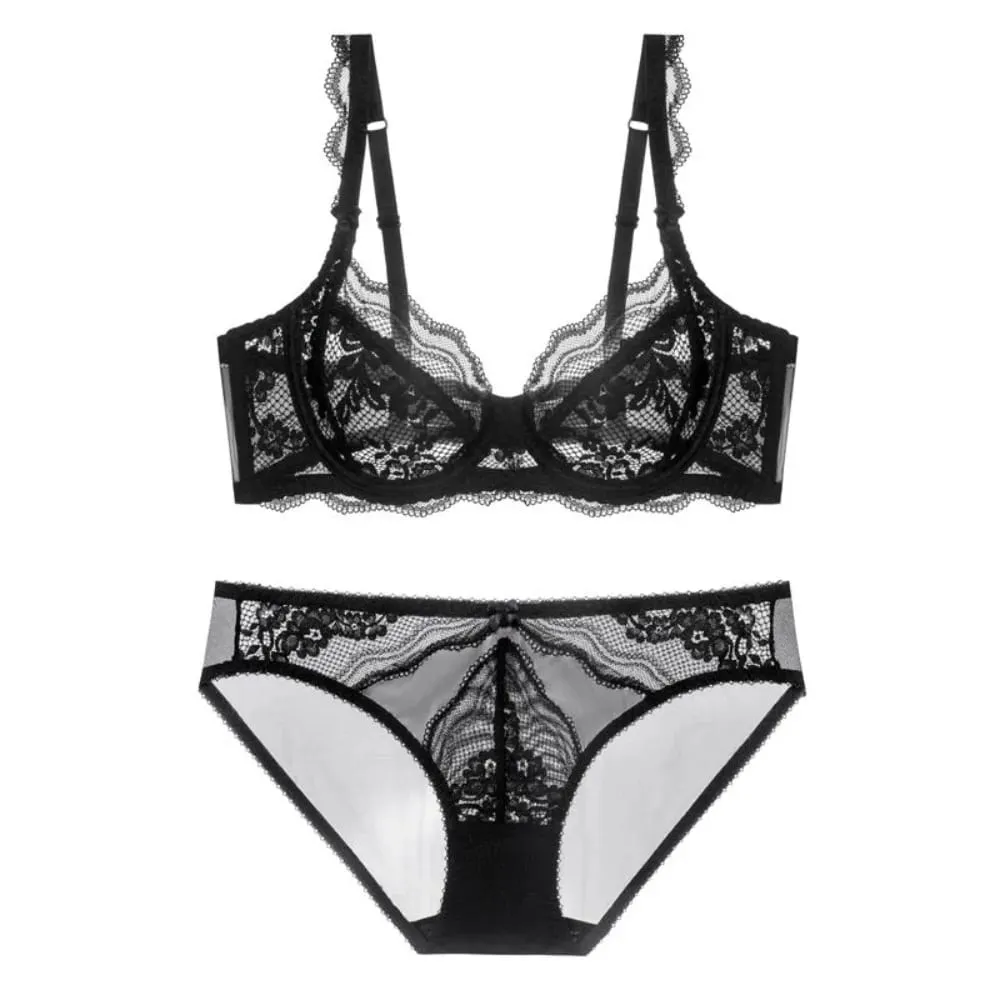 Plus Size Full Bust Minimizer Bra Set Sheer Floral Lace Thin Anti Sag Support Transparent Underwear Women Breathable Intimates