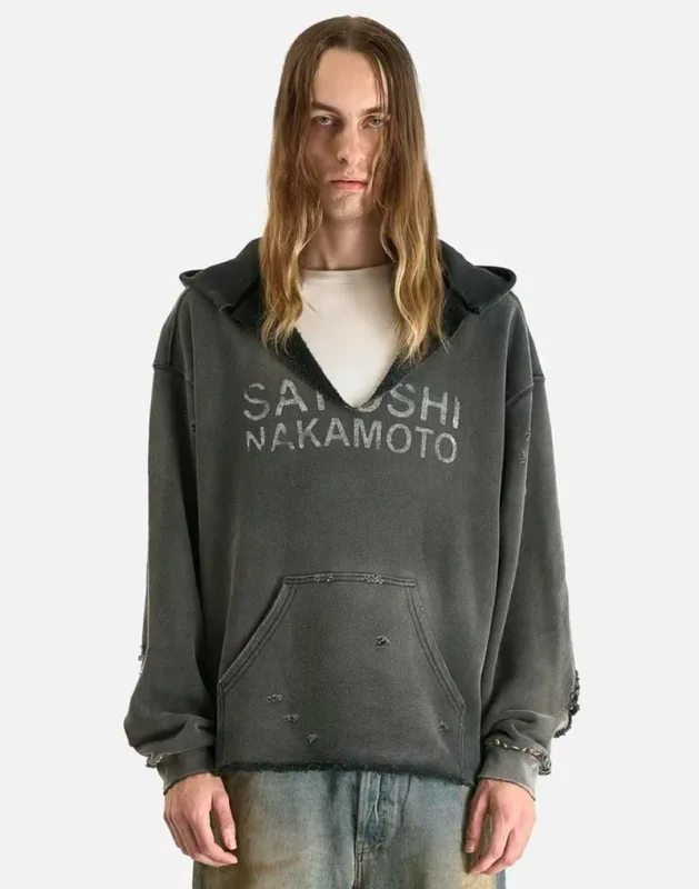 26SS Autumn Winter New Arrival Satoshi Nakamoto Hooded Sweatshirts Destructo Studded Washed Cotton Hooded Unisex Pullover