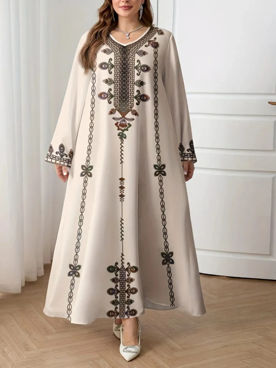 Middle Eastern Elegant Robe New Spring and Autumn Style Plus-Size Fashion Women's Clothing Ethnic Print Stylish Loose and Comfortable Holiday Style Long-Sleeve Dress