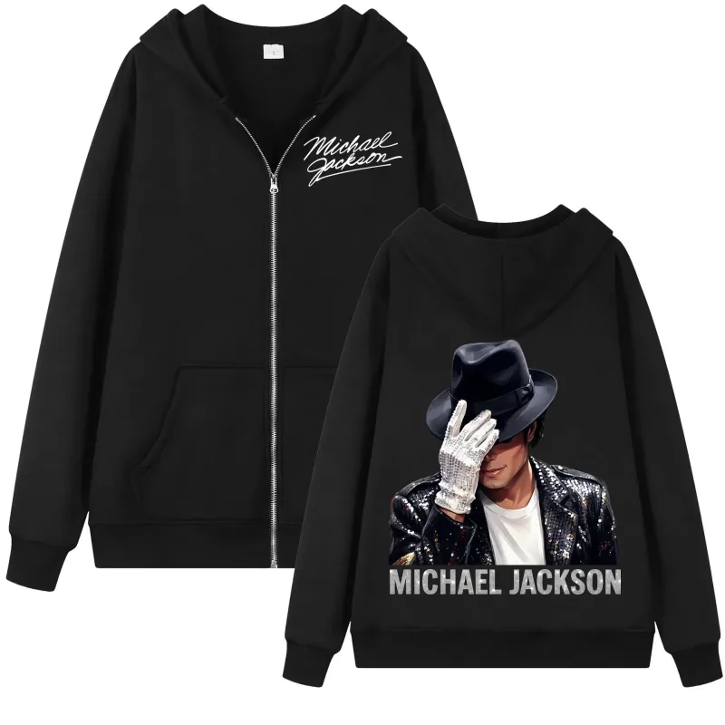 90's Rock Singer Michael Jackson Zipper Hoodie Vintage Fashion Zip Up Hooded Sweatshirts Men Women Casual Loose Fleece Pullovers