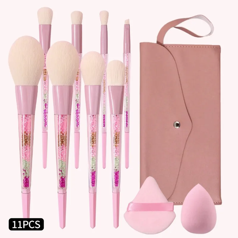 11PCS Pink Glitter Makeup Brush Set with Bag Crystal Handle Brushes Makeup Sponge Powder Puff Storage Bag Soft Hair Full Face