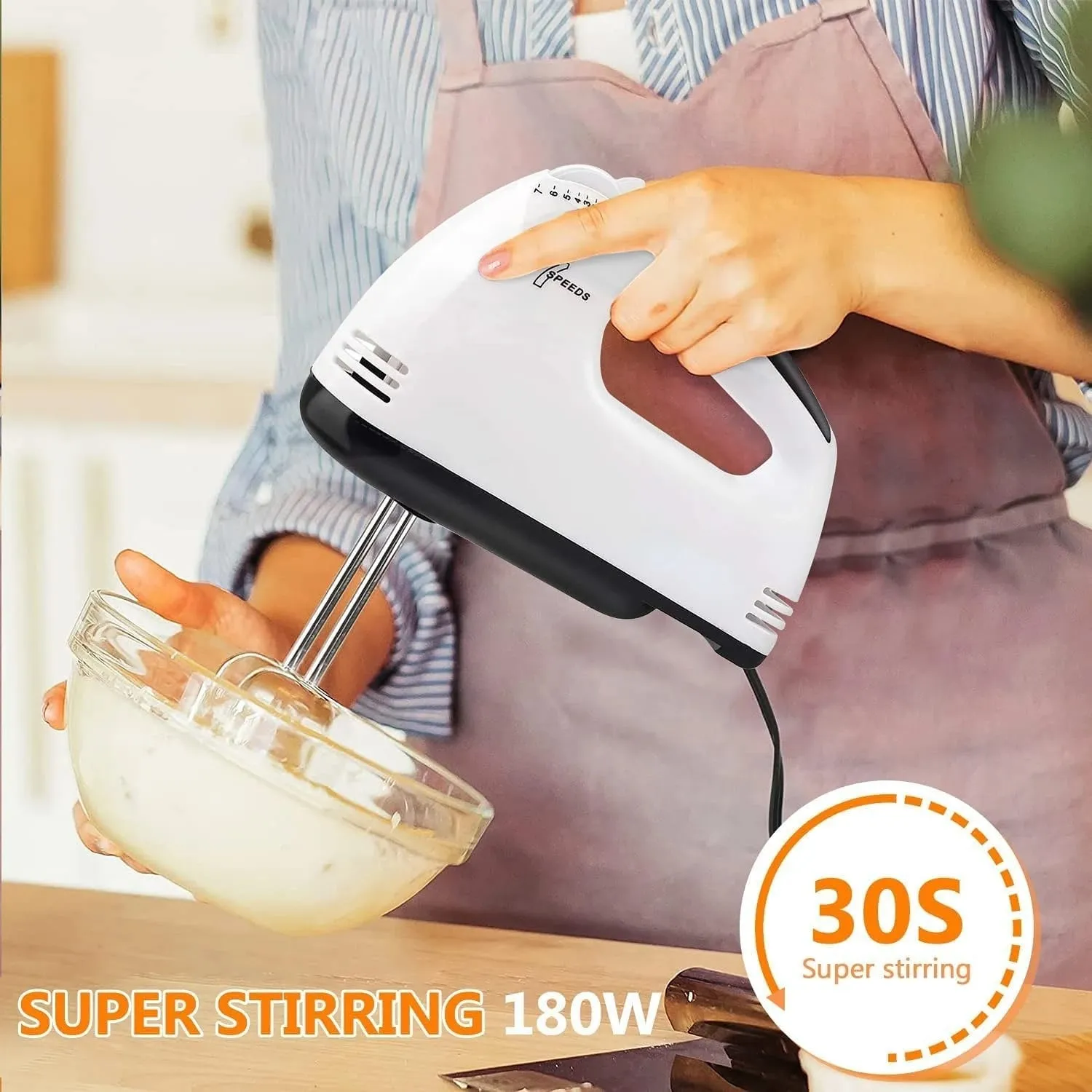 The handheld mixer has 7 speed settings to meet various needs from mixing dry ingredients to whipping cream.
