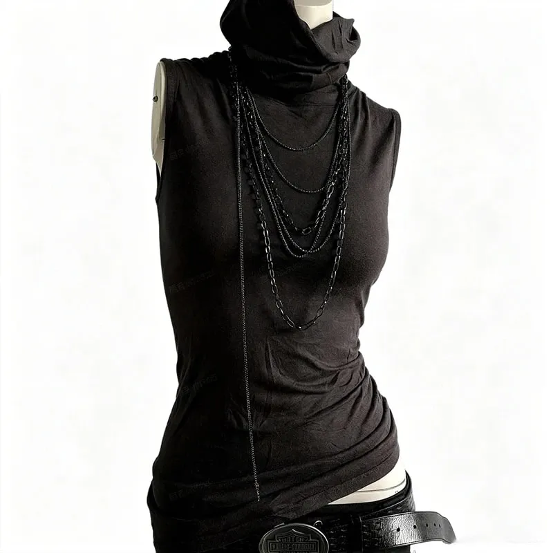 Harajuku style retro high neck sleeveless slim fit design spicy girl niche versatile vest top can be worn outside