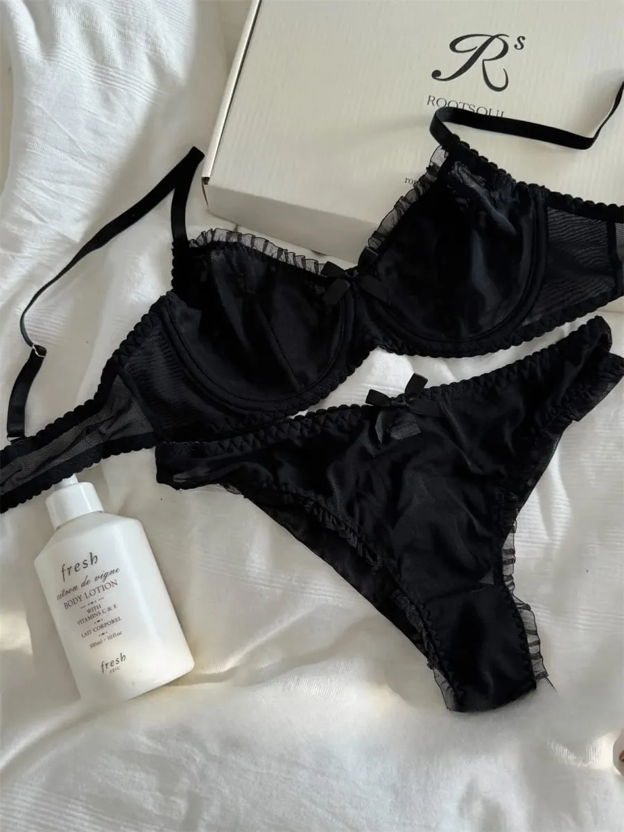 Black lace mesh lingerie feel underwear thin bra gathered up support large breasts show small bra set