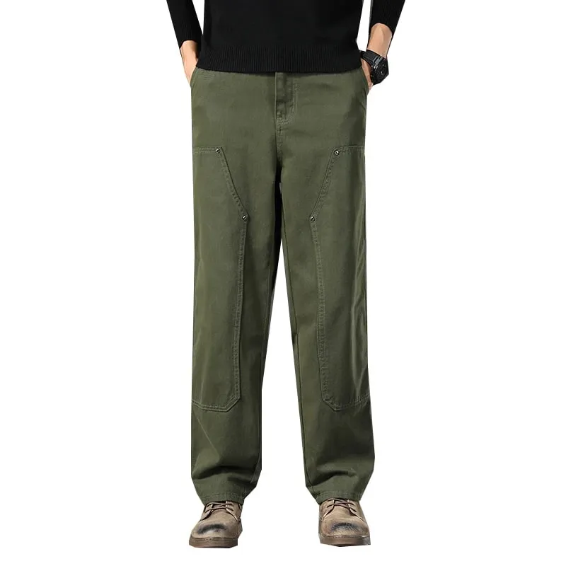 High Quality Spring New Style Straight Loose Men's Casual Pants Rivet Splicing Safari Style Cotton Trousers Army Green Jeans