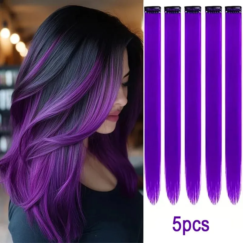 22Inch Synthetic Long Straight 5pcs Clip in Hair Extension Colored Rainbow Hairpieces for Women Daily Use