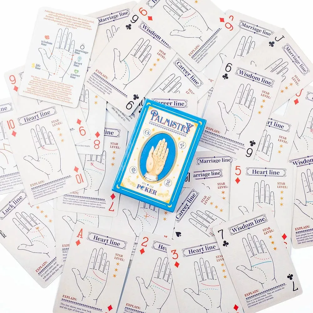 9*6cm 56-Card Palmistry Poker Deck Includes Life Heart & Wisdom Line Explanations – Blue Yin-Yang Design Backs