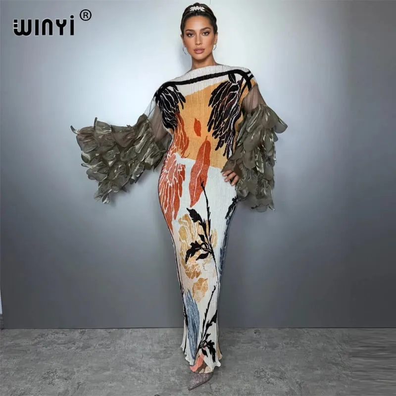 Elastic Slim Pleated Dress Beach Cover Up Boho Kaftan Abaya Dubai Luxury Party Dress Long Down Muslim Woman Evening Dress